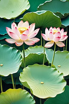 仲夏花朵荷花荷叶插画图片