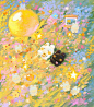 This may contain: an oil painting of flowers and teddy bears in the grass next to a yellow ball