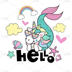 可爱神奇的夏天独角兽美人鱼和字母你好孤立。矢量插图t恤设计，贺卡