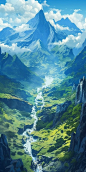 Beautiful vast mountain landscape by Studio Ghibli, Anime Key Visual, by Makoto Shinkai, Deep Color, Intricate, 8k resolution concept art, Natural Lighting, Beautiful Composition, green, blue