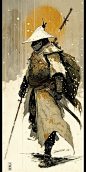 Samurai Snowtrooper, by Toulouse-Lautrec and Dave McKean and Richard Dadd, cinematic lighting, epic raking light, hyper detailed