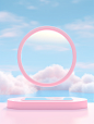 a circular mirror on a pink background, showing the sea and beach, in the style of minimalist stage designs, 8k 3d, ethereal cloudscapes, sparse backgrounds, light sky-blue and light black, seapunk, vibrant stage backdrops