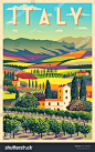 浪漫农村风景在晴天在有葡萄园，农场，草甸，领域和树的意大利在背景中。 手工绘图矢量图。 平面设计。 装饰艺术风格的海报。 #赞助，#广告，#农场#葡萄园#草甸#树