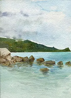 水彩景观与石头在海边