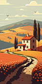 "Rustic Anime Farm in Tuscany" - A minimalist farm landscape in Tuscany, Italy with vibrant and colorful anime-style elements, combined with rustic touches. The farm is composed of rolling hills and vineyards, with a cozy and inviting atmosphere