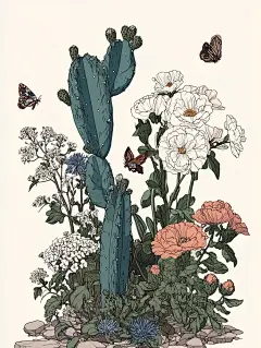 仙人掌 沙漠植物插画 蝴蝶 精致线描风格 - 小红书