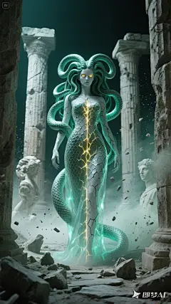 美杜莎立于神庙石柱间，蠕动蛇发泛青鳞冷光，金色竖瞳散发石化光线特效，苍白皮肤覆盖蛇鳞纹理，妖异面容带有裂痕状魔纹，背景为希腊神庙废墟，高精度3D渲染，暗绿与灰白主色调，超现实神话风格，半透明蛇鳞细节刻