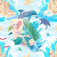 艺术,海洋,四方连续纹样,女孩,水下,蓝色,纸,式样,可爱的,性格