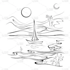 孤零零的帆船在低矮山丘的背景下漂浮在水面上。从岸边看