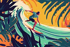 扁平风冲浪运动夏天插画