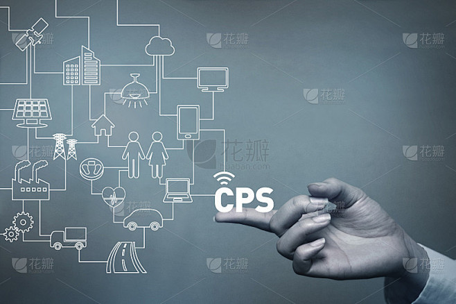 人的手和CPS连接图标，抽象概念视觉