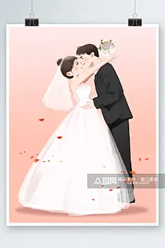 白色纯洁情侣婚纱照婚礼人物插画素材