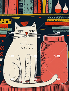 一只猫和一个红色罐子的插图海报