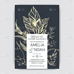 手工画的婚礼插图桉树, 肉质的花朵.