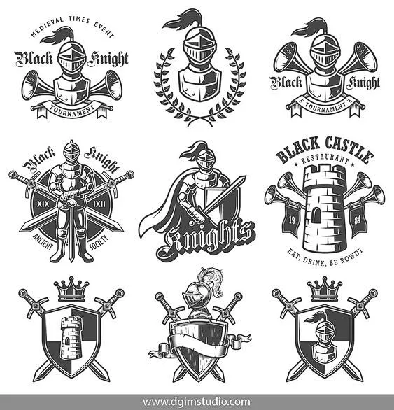 Vintage monochrome knights emblems with warriors in iron armor ...