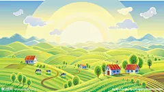 手绘茶山田园插画