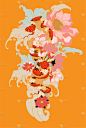 蛇的纹身和图片设计，用樱花枝条。红蛇，用苹果果和樱桃花，春季病媒图片说明背景。海报设计红蛇爬行动物和