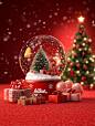 Product photography, commercial shooting style, photo of a snow globe resolution, various gift boxes and balloons placed on the red carpet in front of it, a Christmas tree decoration next to them, a festive atmosphere, warm colors, bright light, a red wal