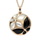 18ct Rose Gold Whitby Jet And Diamond Round Two Flower Necklace. P3069. This beautiful pendant features two gorgeous flower motifs; one that has been hand crafted in the finest Whitby Jet and another from White Mother of Pearl, set inside an 18ct Rose Gol