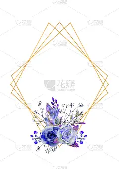 框架与蓝色玫瑰，树叶，浆果，装饰小树枝。花的婚礼概念。用蓝色调制作贺卡或请柬的水彩画