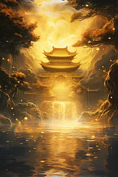 云雾缭绕古风古韵金线城市建筑插画