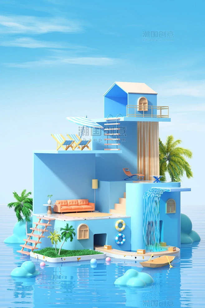 3D夏天夏季家居水面展台场景图片_潮国创意-花瓣网