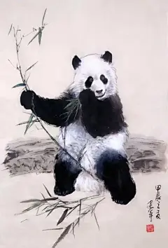 大熊猫，这一珍稀的国宝，以其憨态可掬的模样和温和的性情，深受世人的喜爱。而当它跃然于水墨画的宣纸之上时，更是展现出了一种别样的神韵。