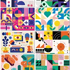几何图形拼贴组合孟菲斯艺术展抽象植物图案海报设计ai模板素材-淘宝网