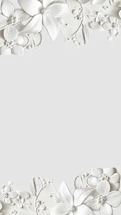 This may contain: white flowers and butterflies are arranged in the shape of a frame on a gray background