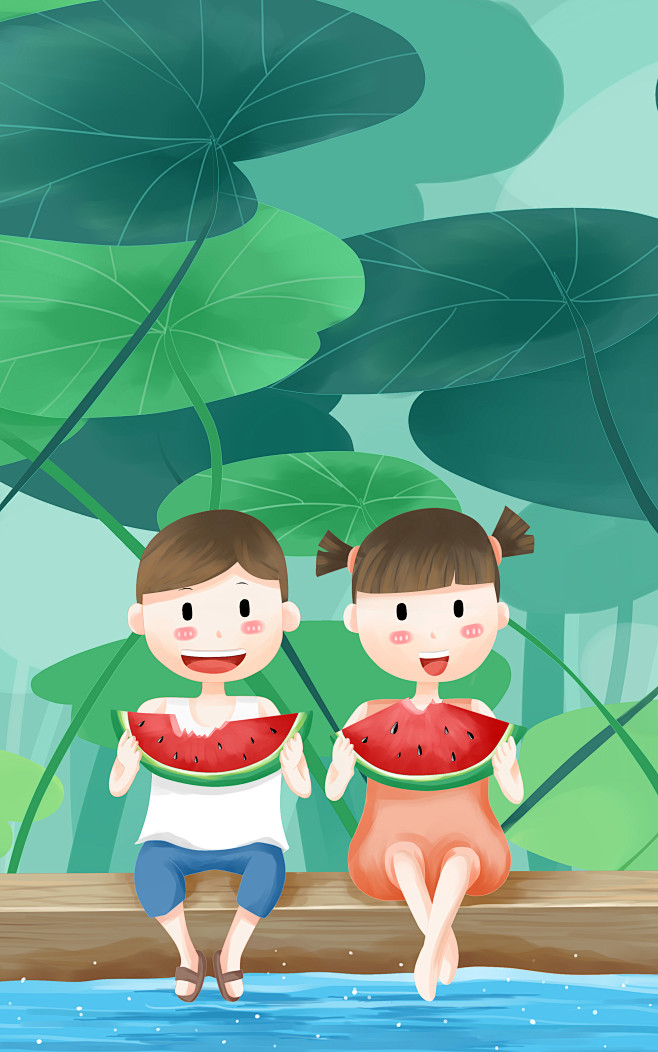 暑假孩子们坐在长满荷叶的河堤上吃西瓜插画