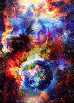 具有观赏性曼陀罗和地球的女神。宇宙空间背景