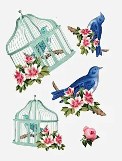 文艺鸟笼高清素材 卡通 小鸟 手绘 插画 植物 花朵 蓝色 鸟笼 免抠png 设计图片 免费下载