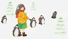 小女孩与企鹅装饰卡通手绘插画 设计图片 免费下载 页面网页 平面电商 创意素材
