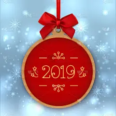 2019短信圣诞贺卡新年快乐贺卡。吊牌四周挂着一个红色的蝴蝶结，背景是冬天的优雅。向量