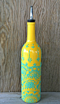 Hand Painted Wine bottle Olive Oil Pourer, Sunny Yellow and Aqua Green, Moroccan style design, Olive Oil Dispenser