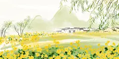 春天水彩画自然风景背景画柳树油菜花江南水乡图片下载