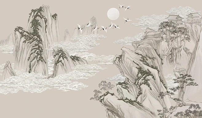 新中式山水背景墙壁布定制，壁画贴图。-花瓣网