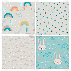 一套斯堪的纳维亚图案兔子，彩虹，星星和山