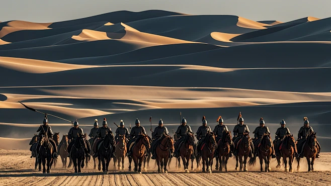 中国古代骑兵行军时候的场景，真人实拍，远景，背景是沙漠-花瓣网