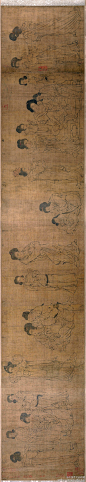 #白描#【 五代 周文矩 《唐宫春晓图》 】卷，绢本，26×146.7cm，美国大都会艺术博物馆藏。《宫女图》之一，此卷为南宋摹本，1947年左右流出海外。现在分为了三段，分藏于大都会博物馆（名唐宫春晓图）、哈佛大学福格博物馆（名宫中图）、克里夫兰美术馆（名仕女图）。作品描绘的是宫中日常生活的场景。