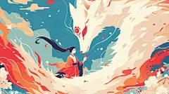【AI数字艺术】国潮风中国神话主题插画——九尾狐图片下载