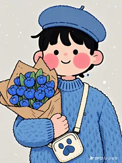 即梦 简笔画风格，Q版，粗线条。 朦胧，摇粒绒材质插画，扁平极简插画艺术，一个可爱小哥哥，黑发，粉嘟嘟的嘴巴带着温暖的微笑，脸颊泛着红晕；戴着蓝色贝雷帽，身穿蓝色针织毛衣；左手捧着用牛皮纸包裹的新鲜蓝色花束