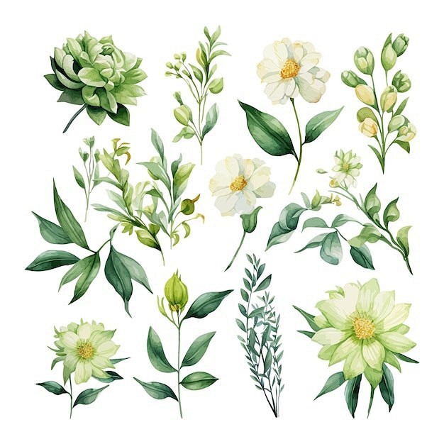 手绘水彩花朵植物叶子元素矢量图设计素材