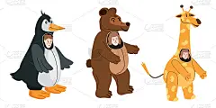 演员在动物企鹅，熊，长颈鹿的服装。主题派对，生日小孩，儿童动画师，演员穿着演员角色的节日化妆舞会，狂