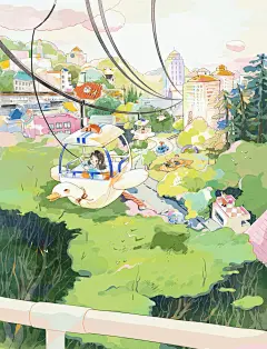 乘坐鸭鸭缆车放牧云朵_丸啤e__插画师作品_涂鸦王国gracg.com