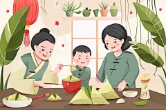端午包粽子幸福手绘插画