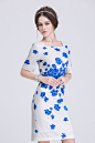 2014美国凯特王妃同款蓝色花朵5分袖夏装方领连衣裙-淘宝网