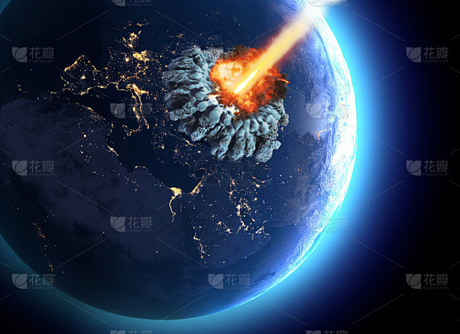 撞击地球的陨石。爆炸，灾难，世界末日。全球灭绝。核弹