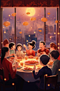 新春主题卡通新年年夜饭阖家团圆插画