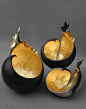 Stunning. Kay Lynne Sattler makes pit fired coil pots with gold leaf. Inspired by the volcanic forms of her home in Hawaii.: 